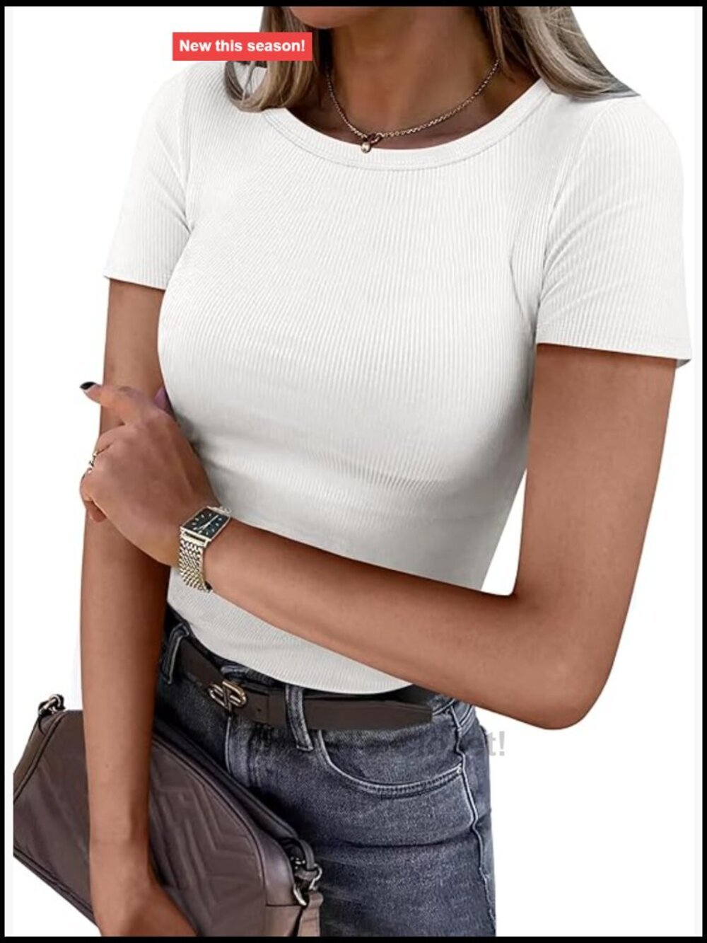 Women's Short Sleeve Crew Neck Ribbed Knit Slim Fit T-Shirt